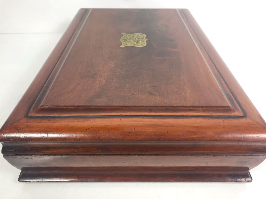 Antique Wooden Sewing Box With Brass Inlay, 1976 Two-Dollar Bill, Pair Of Vintage Tie Clips, Various English Coins - See Photos [Photo 32]