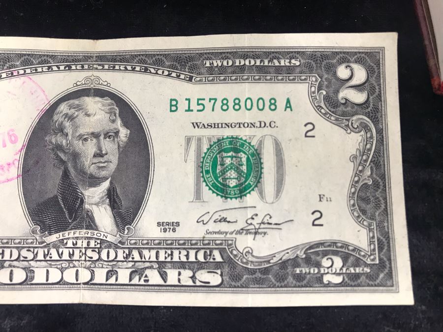 Antique Wooden Sewing Box With Brass Inlay, 1976 Two-Dollar Bill, Pair Of Vintage Tie Clips, Various English Coins - See Photos [Photo 10]