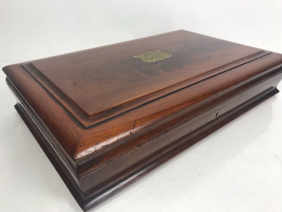 Antique Wooden Sewing Box With Brass Inlay, 1976 Two-Dollar Bill, Pair Of Vintage Tie Clips, Various English Coins - See Photos [Photo 4]