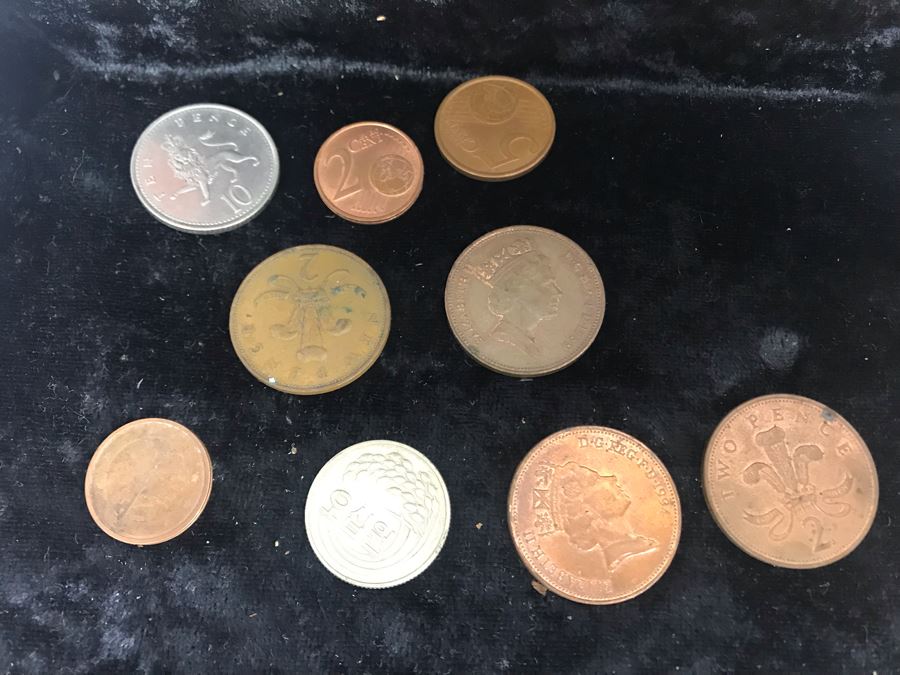 Antique Wooden Sewing Box With Brass Inlay, 1976 Two-Dollar Bill, Pair Of Vintage Tie Clips, Various English Coins - See Photos [Photo 14]