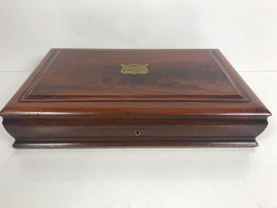 Antique Wooden Sewing Box With Brass Inlay, 1976 Two-Dollar Bill, Pair Of Vintage Tie Clips, Various English Coins - See Photos [Photo 2]