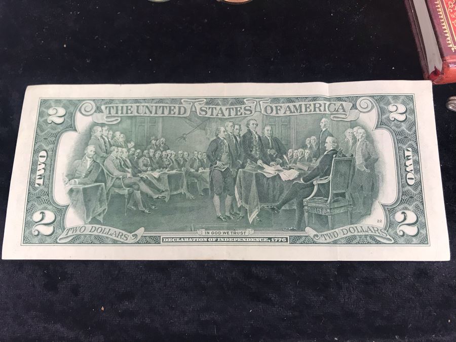 Antique Wooden Sewing Box With Brass Inlay, 1976 Two-Dollar Bill, Pair Of Vintage Tie Clips, Various English Coins - See Photos [Photo 13]