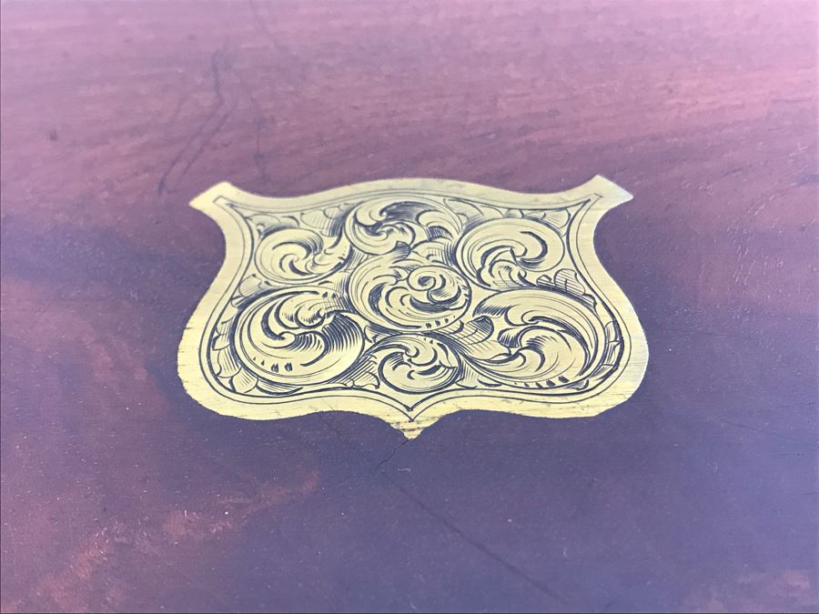 Antique Wooden Sewing Box With Brass Inlay, 1976 Two-Dollar Bill, Pair Of Vintage Tie Clips, Various English Coins - See Photos [Photo 3]