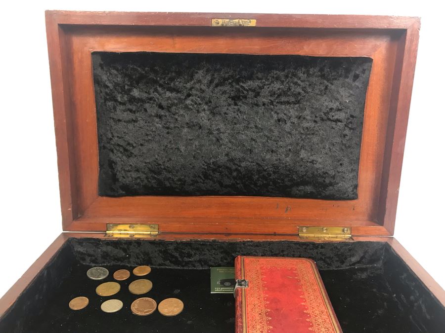 Antique Wooden Sewing Box With Brass Inlay, 1976 Two-Dollar Bill, Pair Of Vintage Tie Clips, Various English Coins - See Photos [Photo 24]