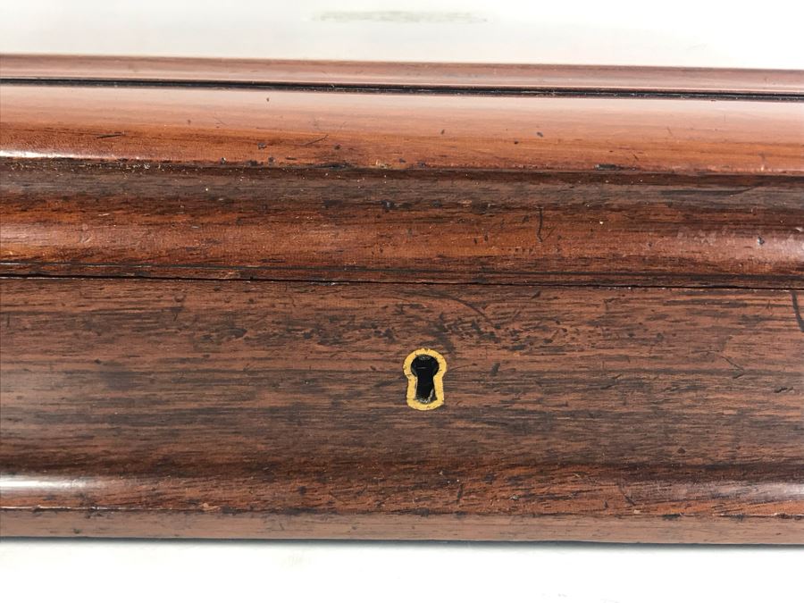 Antique Wooden Sewing Box With Brass Inlay, 1976 Two-Dollar Bill, Pair Of Vintage Tie Clips, Various English Coins - See Photos [Photo 29]