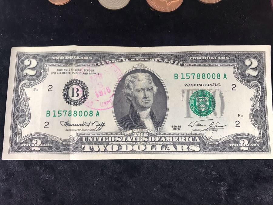 Antique Wooden Sewing Box With Brass Inlay, 1976 Two-Dollar Bill, Pair Of Vintage Tie Clips, Various English Coins - See Photos [Photo 8]