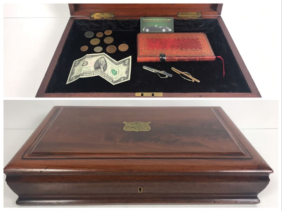 Antique Wooden Sewing Box With Brass Inlay, 1976 Two-Dollar Bill, Pair Of Vintage Tie Clips, Various English Coins - See Photos