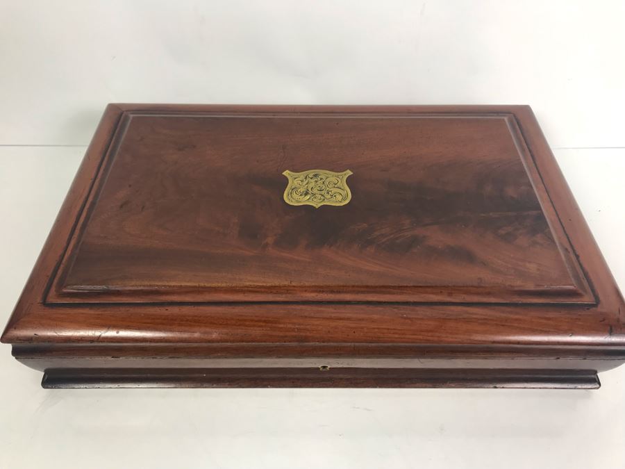 Antique Wooden Sewing Box With Brass Inlay, 1976 Two-Dollar Bill, Pair Of Vintage Tie Clips, Various English Coins - See Photos [Photo 26]