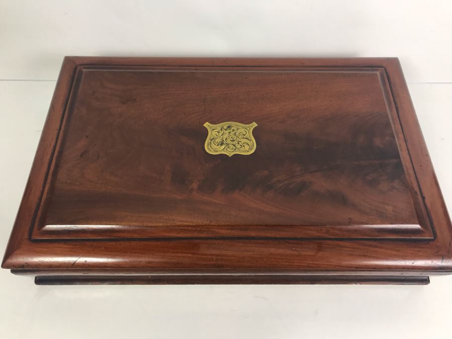 Antique Wooden Sewing Box With Brass Inlay, 1976 Two-Dollar Bill, Pair Of Vintage Tie Clips, Various English Coins - See Photos [Photo 27]