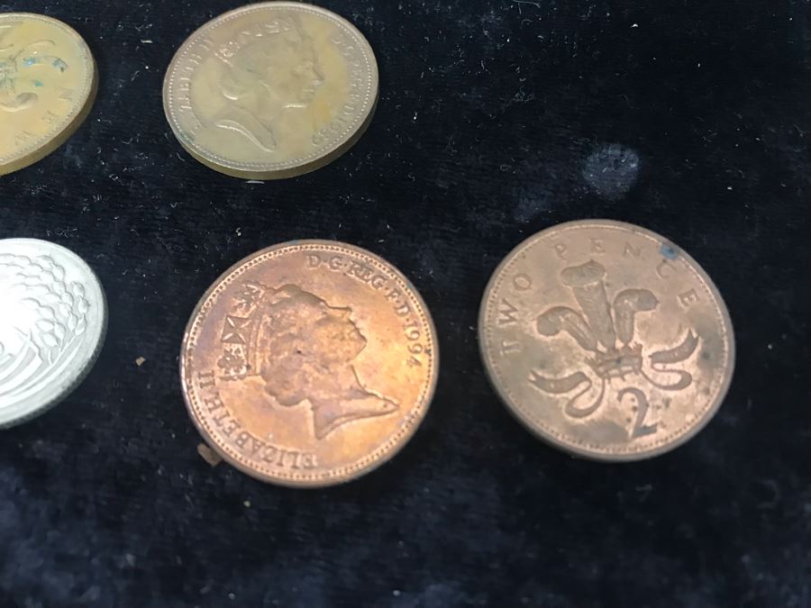 Antique Wooden Sewing Box With Brass Inlay, 1976 Two-Dollar Bill, Pair Of Vintage Tie Clips, Various English Coins - See Photos [Photo 15]