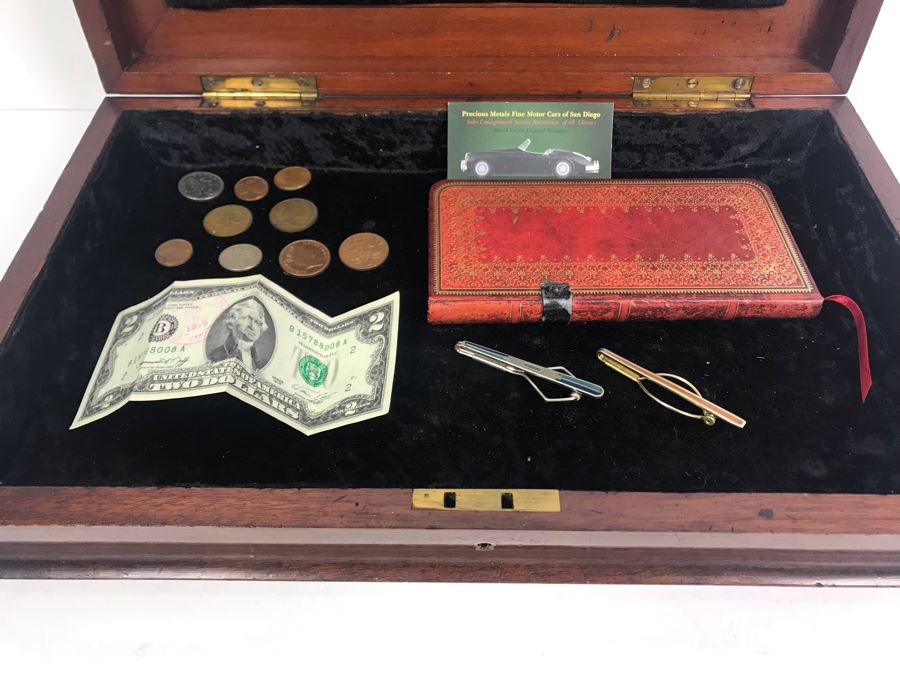Antique Wooden Sewing Box With Brass Inlay, 1976 Two-Dollar Bill, Pair Of Vintage Tie Clips, Various English Coins - See Photos [Photo 7]