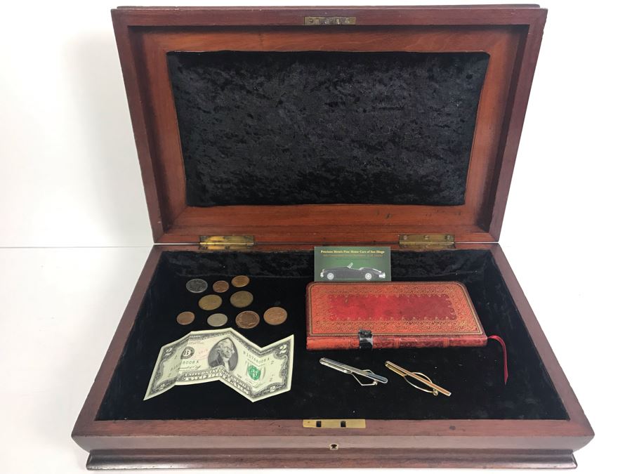 Antique Wooden Sewing Box With Brass Inlay, 1976 Two-Dollar Bill, Pair Of Vintage Tie Clips, Various English Coins - See Photos [Photo 5]