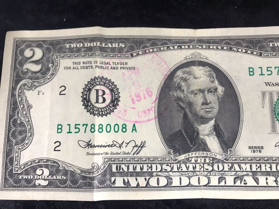 Antique Wooden Sewing Box With Brass Inlay, 1976 Two-Dollar Bill, Pair Of Vintage Tie Clips, Various English Coins - See Photos [Photo 9]