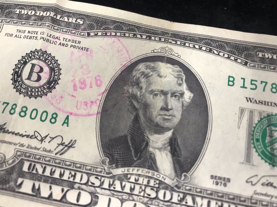 Antique Wooden Sewing Box With Brass Inlay, 1976 Two-Dollar Bill, Pair Of Vintage Tie Clips, Various English Coins - See Photos [Photo 11]