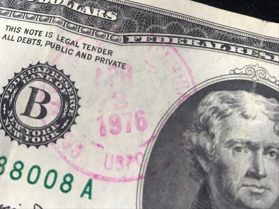 Antique Wooden Sewing Box With Brass Inlay, 1976 Two-Dollar Bill, Pair Of Vintage Tie Clips, Various English Coins - See Photos [Photo 12]