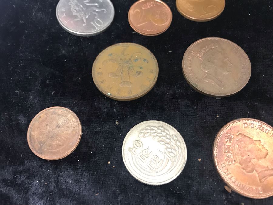 Antique Wooden Sewing Box With Brass Inlay, 1976 Two-Dollar Bill, Pair Of Vintage Tie Clips, Various English Coins - See Photos [Photo 16]