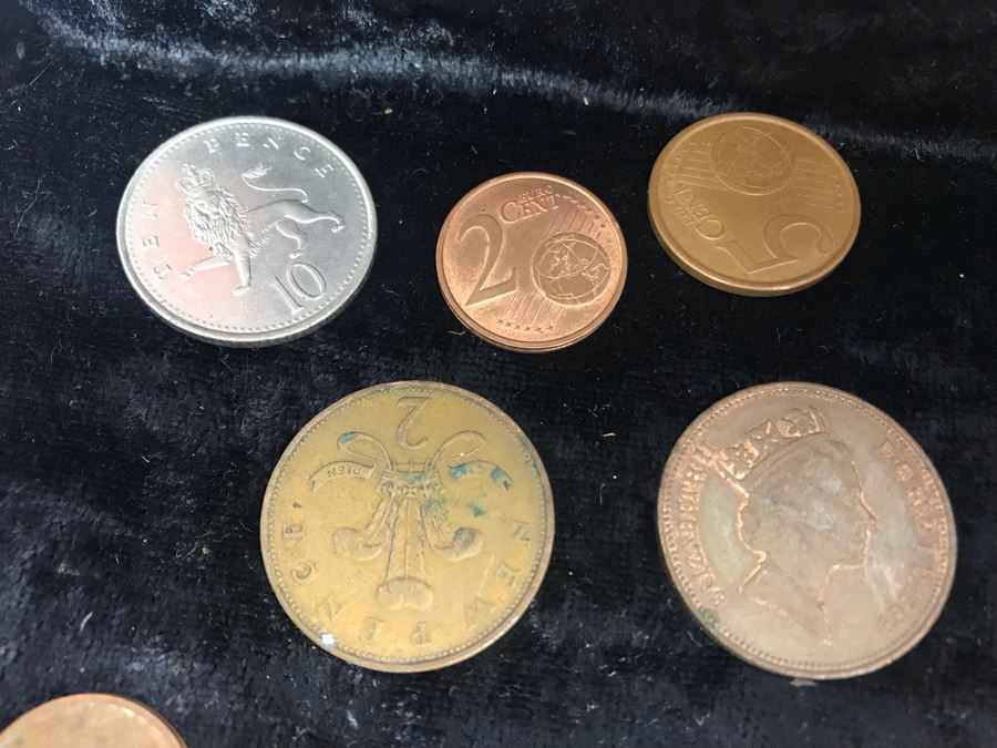 Antique Wooden Sewing Box With Brass Inlay, 1976 Two-Dollar Bill, Pair Of Vintage Tie Clips, Various English Coins - See Photos [Photo 17]