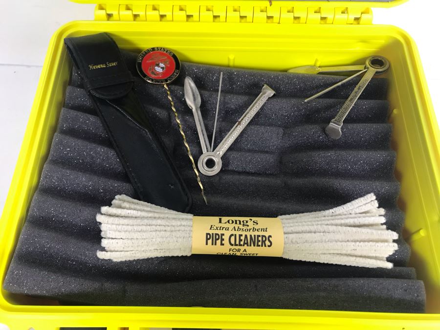 Yellow Cigar Caddy, Leather Liberty Tobacco Cigar Pouch, German Crytal Bleikristall Ashtray, Pair Of Pipe Cleaning Tools, Marines Havana Saver And Box Of Vintage Cigar Box Labels [Photo 15]