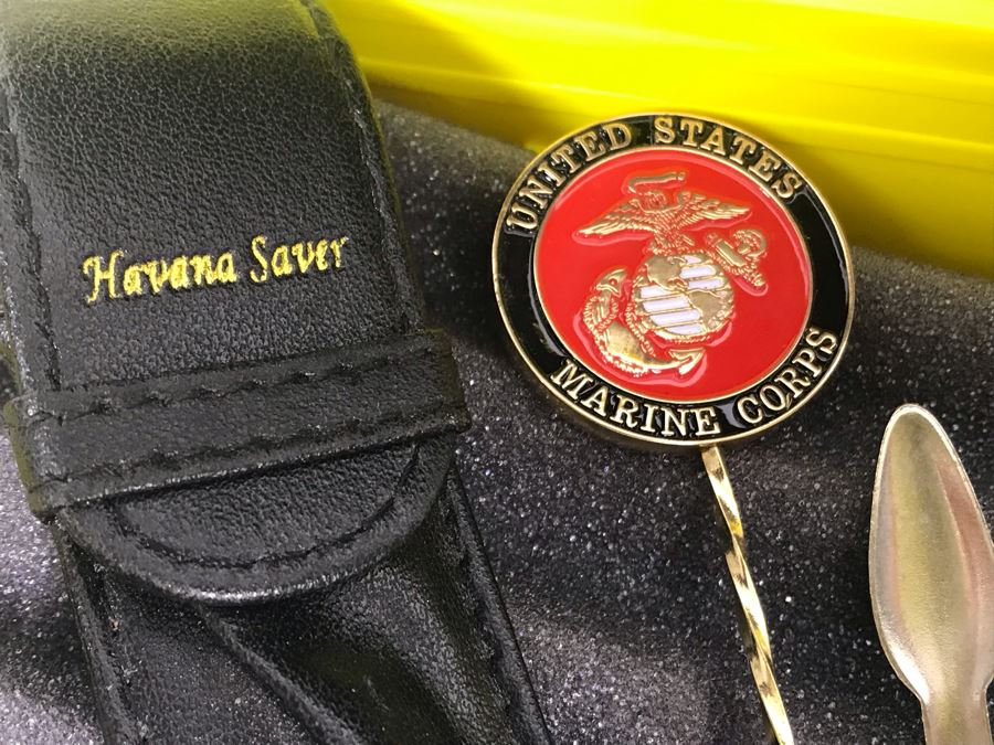 Yellow Cigar Caddy, Leather Liberty Tobacco Cigar Pouch, German Crytal Bleikristall Ashtray, Pair Of Pipe Cleaning Tools, Marines Havana Saver And Box Of Vintage Cigar Box Labels [Photo 18]