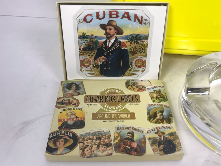 Yellow Cigar Caddy, Leather Liberty Tobacco Cigar Pouch, German Crytal Bleikristall Ashtray, Pair Of Pipe Cleaning Tools, Marines Havana Saver And Box Of Vintage Cigar Box Labels [Photo 11]