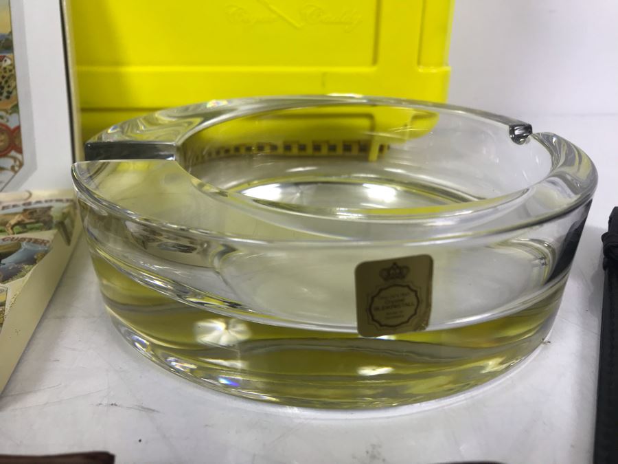 Yellow Cigar Caddy, Leather Liberty Tobacco Cigar Pouch, German Crytal Bleikristall Ashtray, Pair Of Pipe Cleaning Tools, Marines Havana Saver And Box Of Vintage Cigar Box Labels [Photo 4]