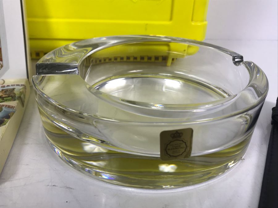 Yellow Cigar Caddy, Leather Liberty Tobacco Cigar Pouch, German Crytal Bleikristall Ashtray, Pair Of Pipe Cleaning Tools, Marines Havana Saver And Box Of Vintage Cigar Box Labels [Photo 7]