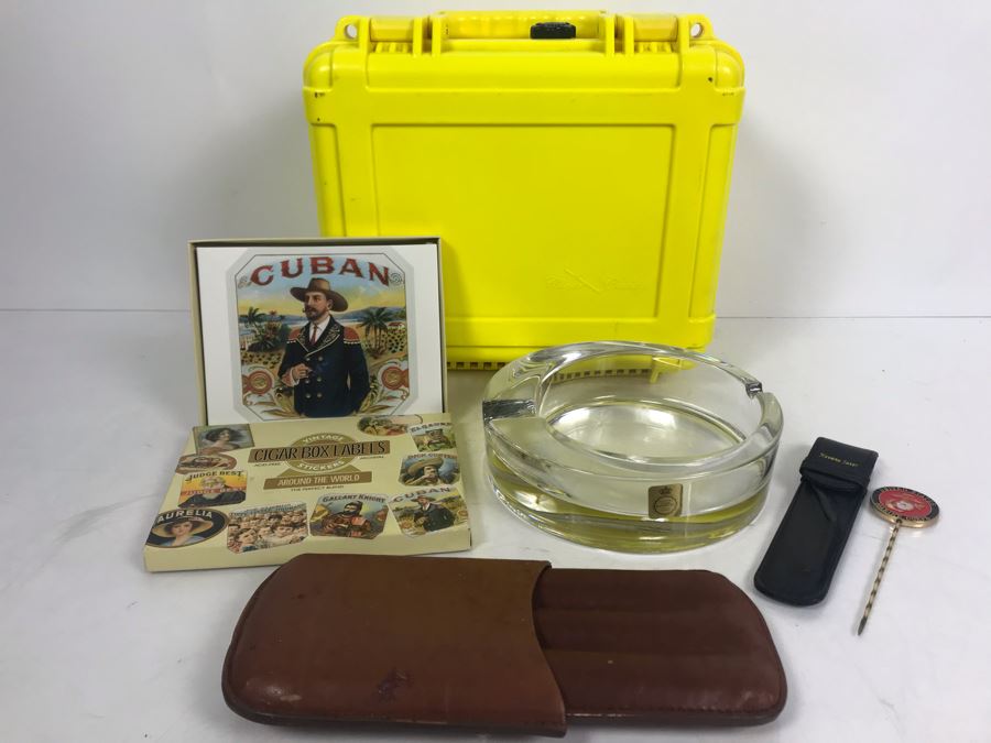 Yellow Cigar Caddy, Leather Liberty Tobacco Cigar Pouch, German Crytal Bleikristall Ashtray, Pair Of Pipe Cleaning Tools, Marines Havana Saver And Box Of Vintage Cigar Box Labels