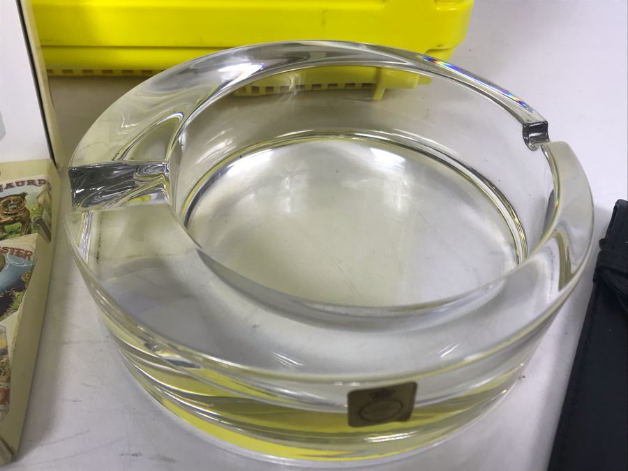 Yellow Cigar Caddy, Leather Liberty Tobacco Cigar Pouch, German Crytal Bleikristall Ashtray, Pair Of Pipe Cleaning Tools, Marines Havana Saver And Box Of Vintage Cigar Box Labels [Photo 6]