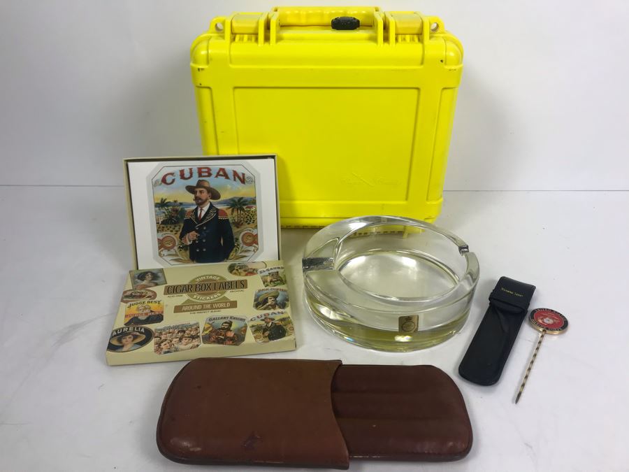 Yellow Cigar Caddy, Leather Liberty Tobacco Cigar Pouch, German Crytal Bleikristall Ashtray, Pair Of Pipe Cleaning Tools, Marines Havana Saver And Box Of Vintage Cigar Box Labels [Photo 3]
