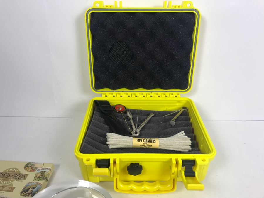 Yellow Cigar Caddy, Leather Liberty Tobacco Cigar Pouch, German Crytal Bleikristall Ashtray, Pair Of Pipe Cleaning Tools, Marines Havana Saver And Box Of Vintage Cigar Box Labels [Photo 2]