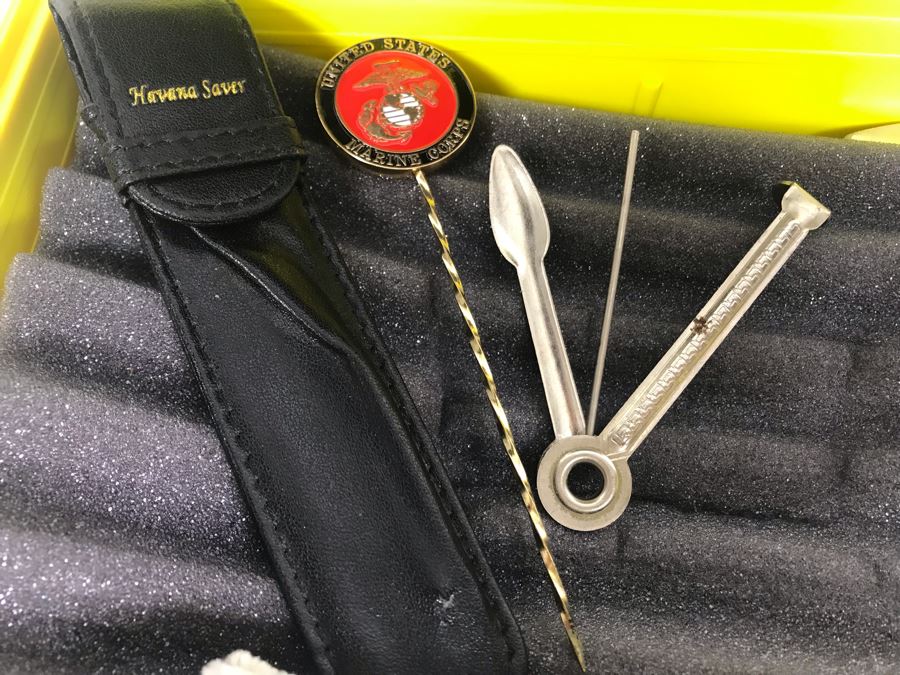 Yellow Cigar Caddy, Leather Liberty Tobacco Cigar Pouch, German Crytal Bleikristall Ashtray, Pair Of Pipe Cleaning Tools, Marines Havana Saver And Box Of Vintage Cigar Box Labels [Photo 17]