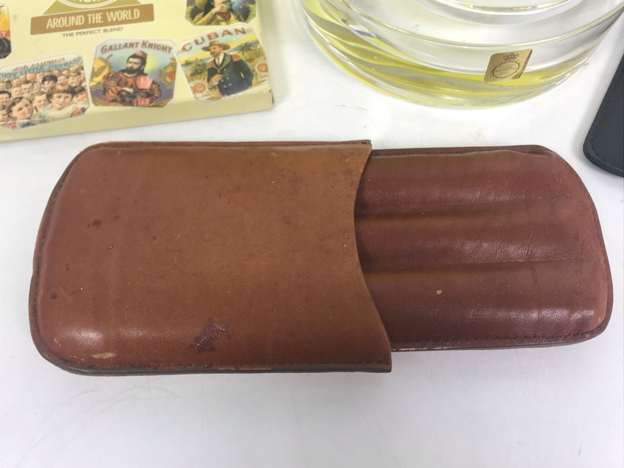 Yellow Cigar Caddy, Leather Liberty Tobacco Cigar Pouch, German Crytal Bleikristall Ashtray, Pair Of Pipe Cleaning Tools, Marines Havana Saver And Box Of Vintage Cigar Box Labels [Photo 8]