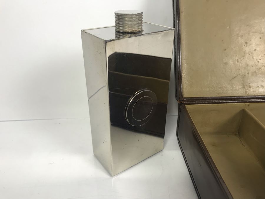 Vintage DUNHILL Pair Of 13oz Flasks Tin-Line Made In Germany With Leather Carrying Case [Photo 4]