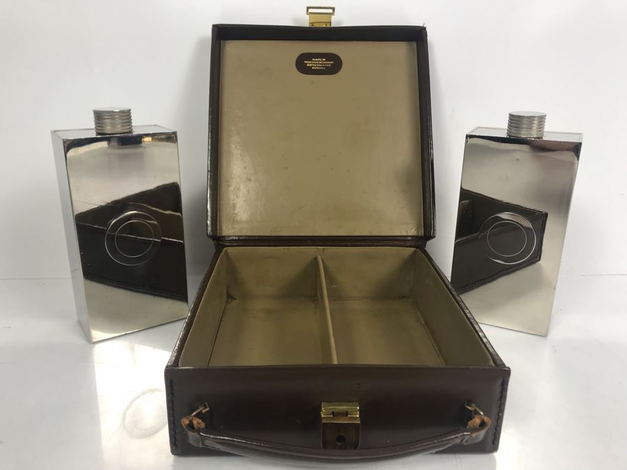Vintage DUNHILL Pair Of 13oz Flasks Tin-Line Made In Germany With Leather Carrying Case [Photo 2]