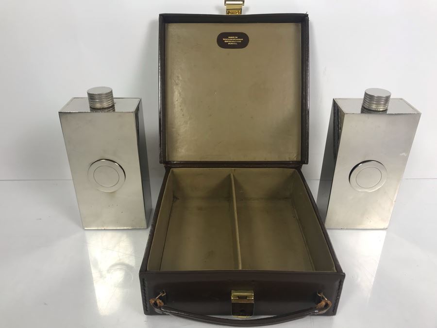 Vintage DUNHILL Pair Of 13oz Flasks Tin-Line Made In Germany With Leather Carrying Case