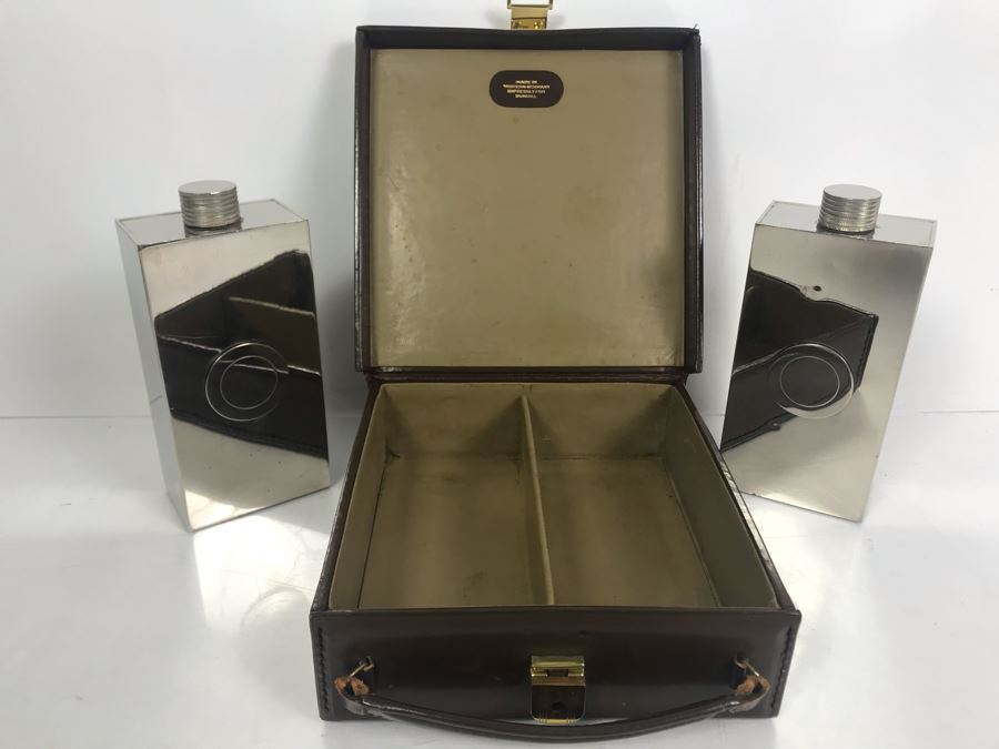 Vintage DUNHILL Pair Of 13oz Flasks Tin-Line Made In Germany With Leather Carrying Case [Photo 3]