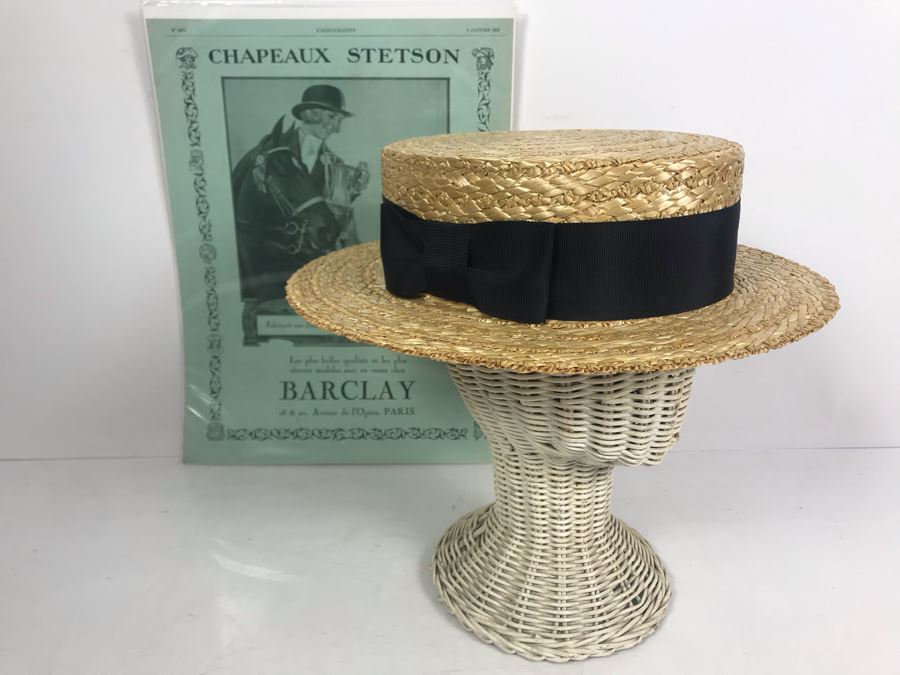 Olney Classic Straw Boater Hat With Ribbon Band And Bow Size 7 3/8' Made In England And Vintage Stetson Hat Advertisement [Photo 1]