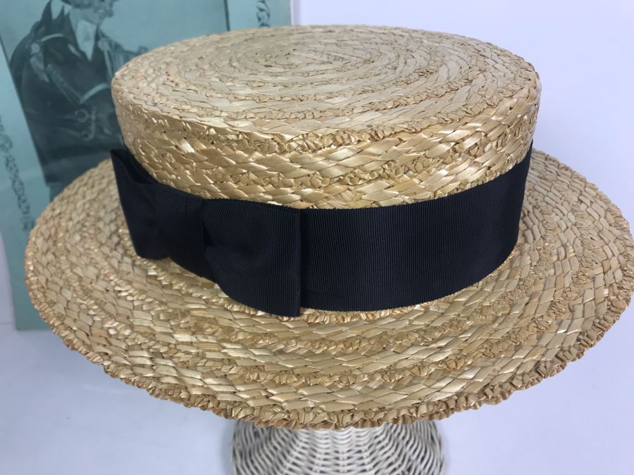 Olney Classic Straw Boater Hat With Ribbon Band And Bow Size 7 3/8' Made In England And Vintage Stetson Hat Advertisement [Photo 4]
