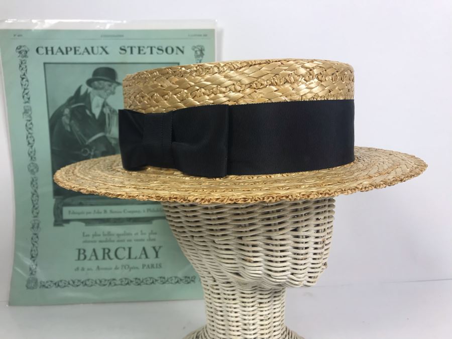 Olney Classic Straw Boater Hat With Ribbon Band And Bow Size 7 3/8' Made In England And Vintage Stetson Hat Advertisement [Photo 5]