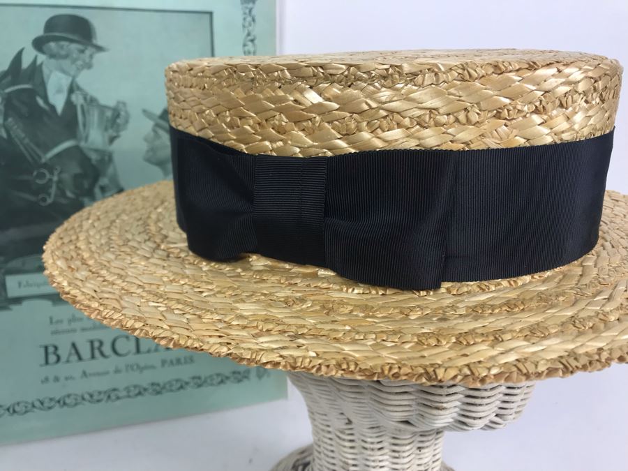 Olney Classic Straw Boater Hat With Ribbon Band And Bow Size 7 3/8' Made In England And Vintage Stetson Hat Advertisement [Photo 3]