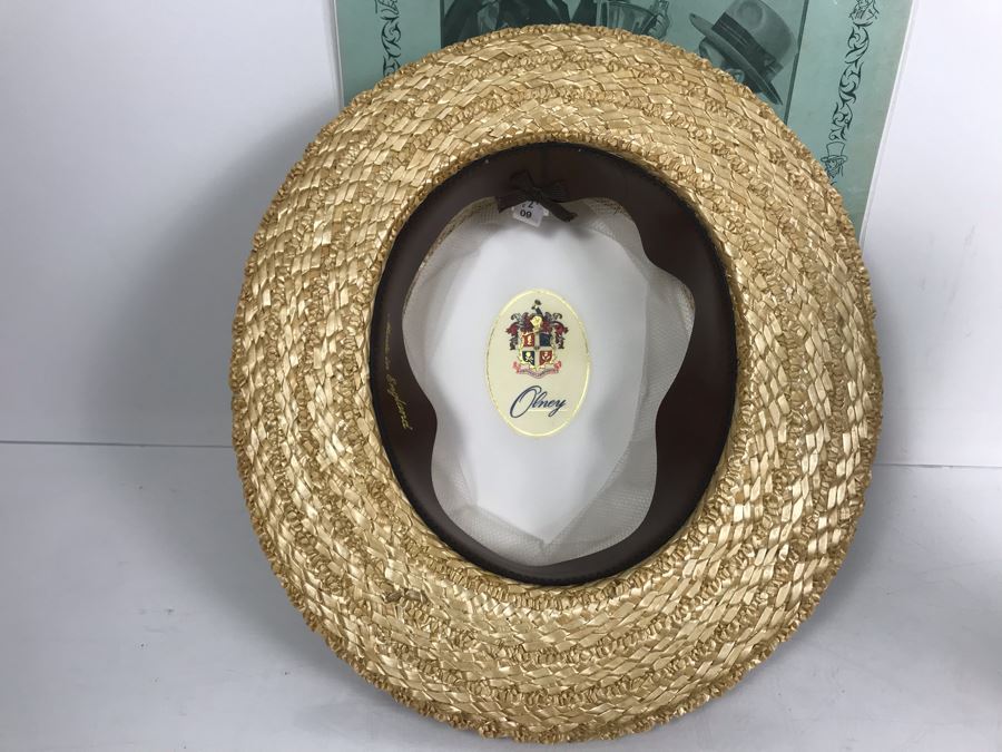Olney Classic Straw Boater Hat With Ribbon Band And Bow Size 7 3/8' Made In England And Vintage Stetson Hat Advertisement [Photo 6]