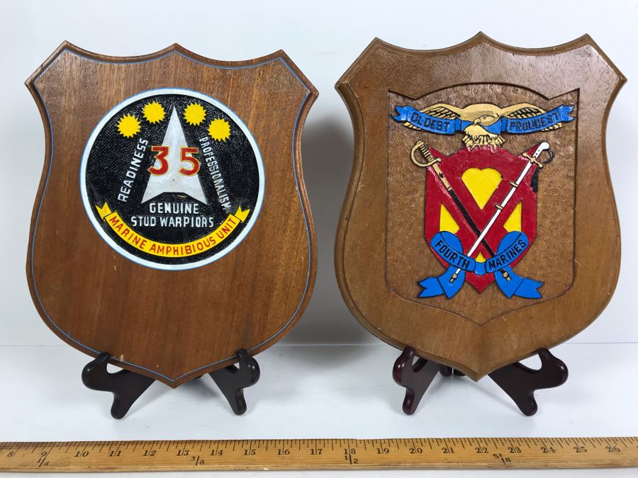 Pair Of Marines Hand Painted Carved Wooden Wall Plaques: Marine Amphibious Unit And Fourth Marines