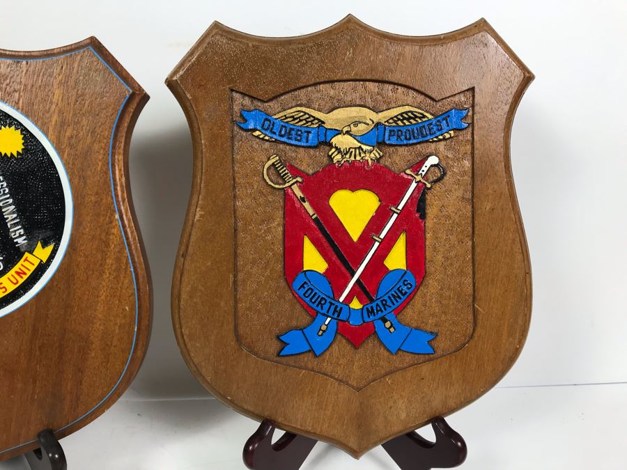 Pair Of Marines Hand Painted Carved Wooden Wall Plaques: Marine Amphibious Unit And Fourth Marines [Photo 2]