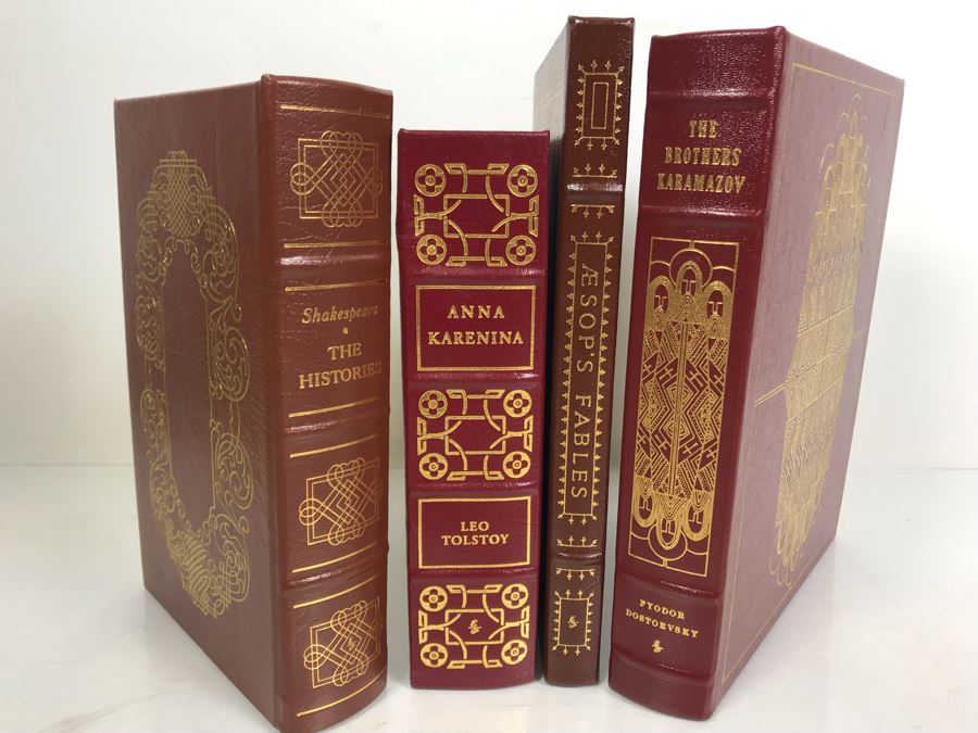 Set Of (4) Easton Press Collector's Edition Genuine Leather Books: The Histories Of William Shakespeare, Anna Karenina By Leo Tolstoy, Aesop's Fables And The Brothers Karamazov By Fyodor Dostoevsky [Photo 1]