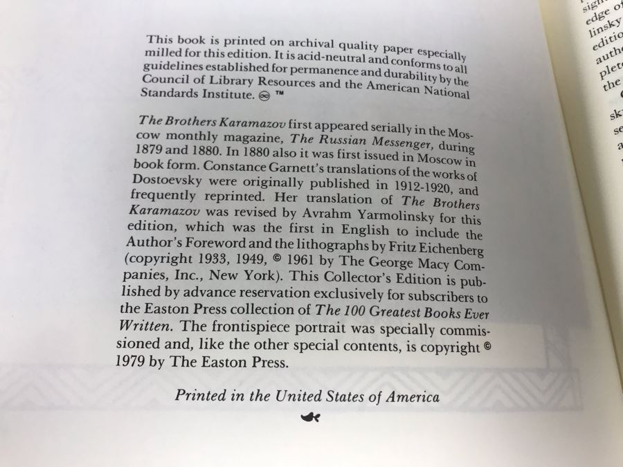 Set Of (4) Easton Press Collector's Edition Genuine Leather Books: The Histories Of William Shakespeare, Anna Karenina By Leo Tolstoy, Aesop's Fables And The Brothers Karamazov By Fyodor Dostoevsky [Photo 16]