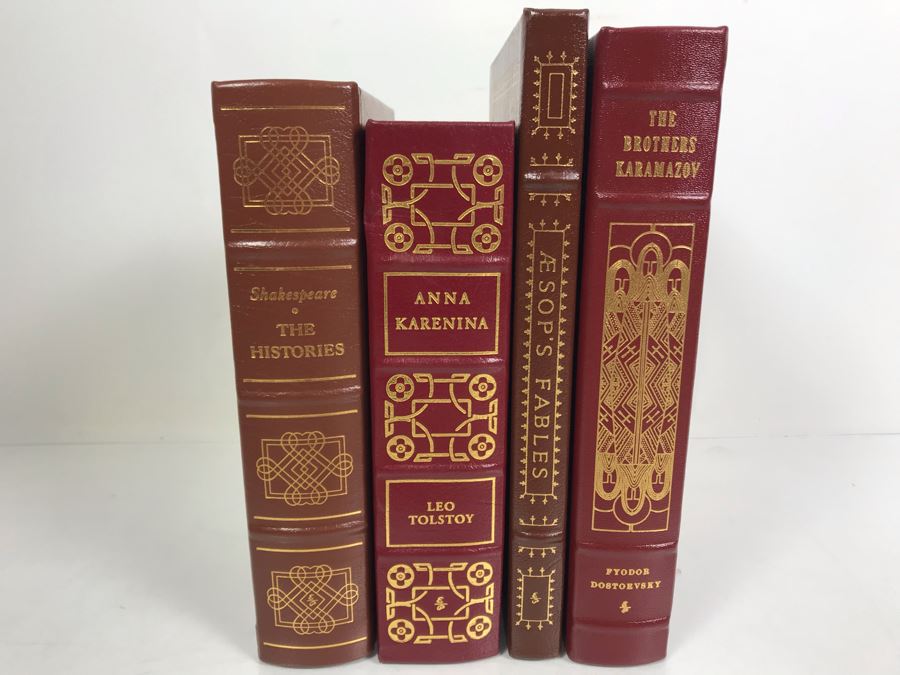 Set Of (4) Easton Press Collector's Edition Genuine Leather Books: The Histories Of William Shakespeare, Anna Karenina By Leo Tolstoy, Aesop's Fables And The Brothers Karamazov By Fyodor Dostoevsky [Photo 2]