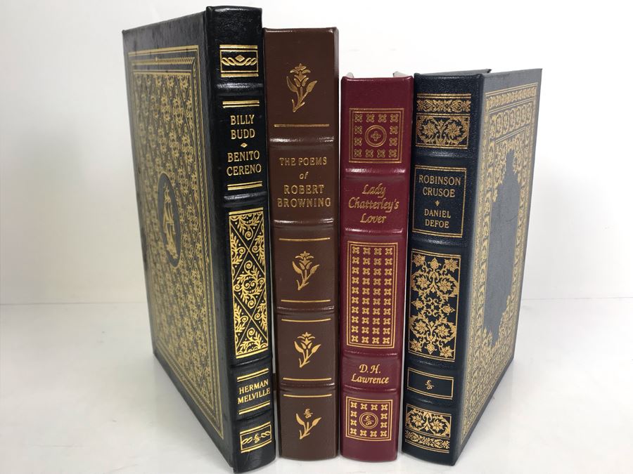 Set Of (4) Easton Press Collector's Edition Genuine Leather Books: Robinson Crusoe By Daniel Defoe, Lady Chatterley's Lover By D.H. Lawrence, The Poems Of Robert Browning And Billy Budd By Benito Cereno [Photo 1]