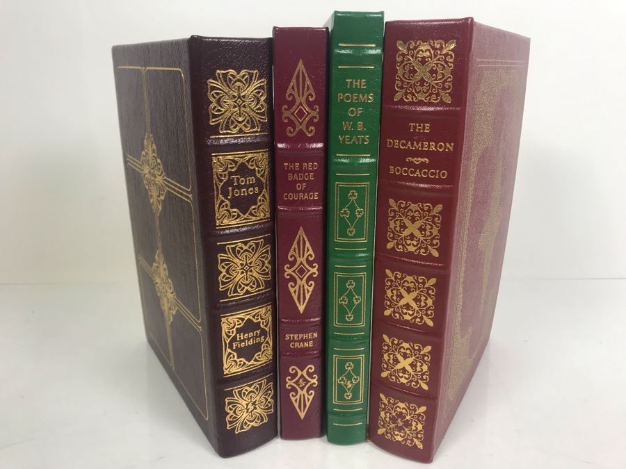 Set Of (4) Easton Press Collector's Edition Genuine Leather Books: The History Of Tom Jones A Foundling By Henry Fielding, The Red Badge Of Courage By Stephen Crane, The Poems Of W.B. Yeats And The Decameron By Boccaccio [Photo 1]