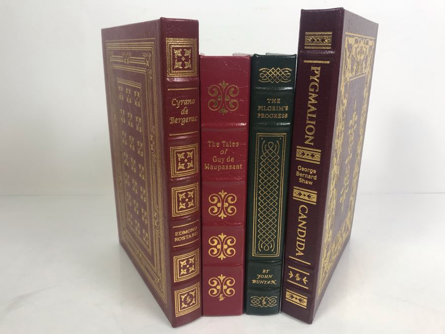 Set Of (4) Easton Press Collector's Edition Genuine Leather Books: Pygmalion By George Bernard Shaw, Cyrano De Bergerac By Edmond Rostand, The Tales Of Guy De Maupassant And The Pilgrim's Progress By John Bunyan