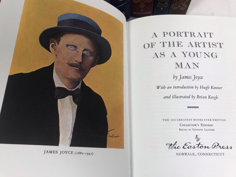 Set Of (5) Easton Press Collector's Edition Genuine Leather Books: A Portrait Of The Artist As A Young Man By James Joyce, Anton Chekhov Two Plays, She Stoops To Conquer By Oliver Goldsmith, The Confessions Of St. Augustine, Rights Of Man By Thomas Paine [Photo 4]